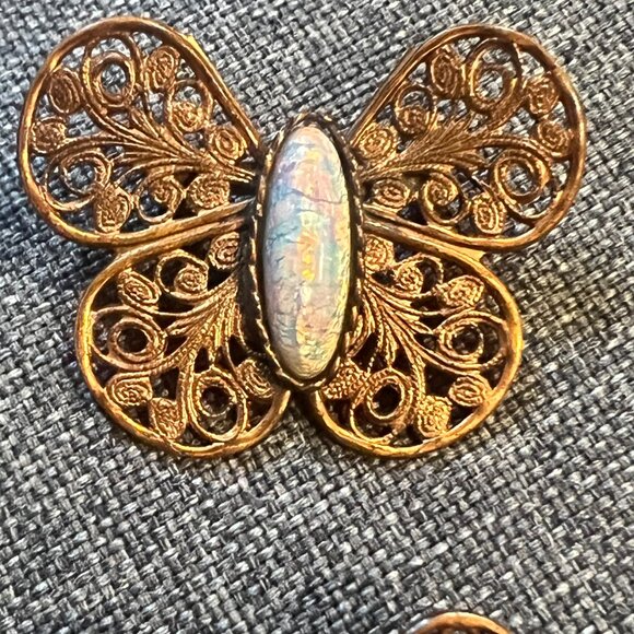 Antique Edwardian Butterfly Dragon's Breath Glass Bronze Pin Set - Picture 4 of 9